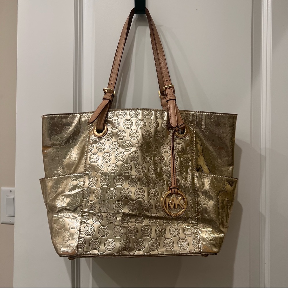 Michael Kors Gold Signature Metallic/Mirrored East West Jet Set Tote
